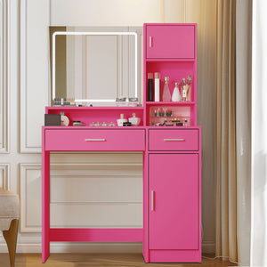 English Elm Vanity LED Mirror Dressing Table with Touch Controls, Large Drawer & Smart Storage for Bedroom Rose Pink W2386P288814