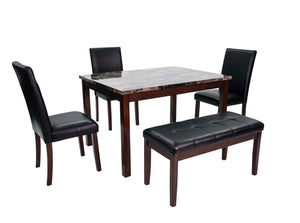 English Elm 5 5-Piece Dining Set with Faux Marble Top, Two-Tone Finish, Upholstered Chairs & Bench for Versatile Spaces B089P390143