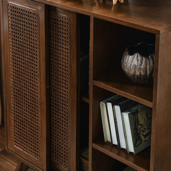 English Elm Mid Century Modern Rattan Sideboard Cabinet - Stylish Buffet For Entryway, Living Room & Kitchen Storage W1801P195630
