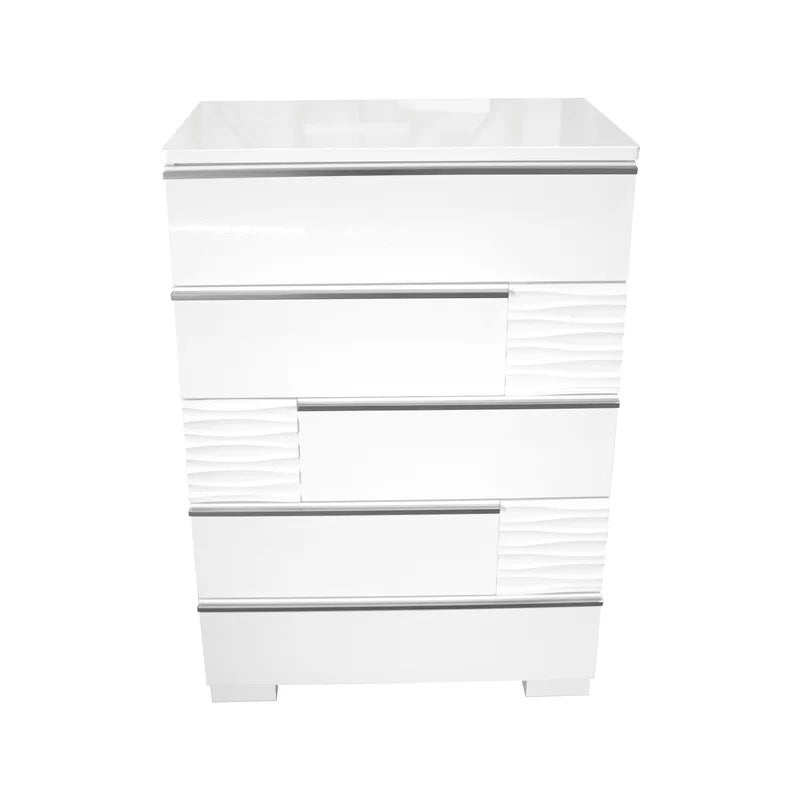 English Elm Modern 5-Drawer Chest White Lacquer Finish – High Gloss Poplar & Engineered Wood, Smooth Metal Rails, Spacious Storage 30.5"W x 44"H B011P353744