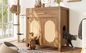 English Elm Cat Litter Box Cabinet with Sisal Doors Storage Drawer and Nightstand Surface N704P379111P