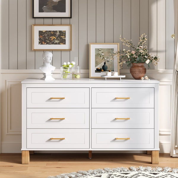 English Elm 6-drawer Solid Wood Dresser Mid-century Modern Gray Finish with Metal Bar Handles W1445P419757