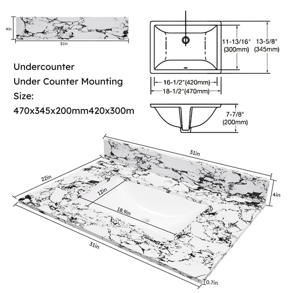 English Elm 31"X22" Bathroom Vanity Top With Undermount Ceramic Sink, Backsplash & Durable Panda White Finish W509P362103
