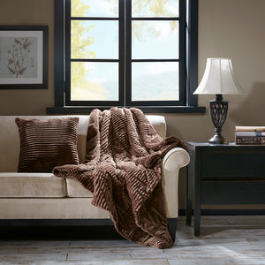 JLA Home Madison Park - Oversized Plush Down Alternative Throw for Luxurious Warmth — Ribbed Face, Box Quilted, Machine-Washable Comfort Brown BASI50-0427