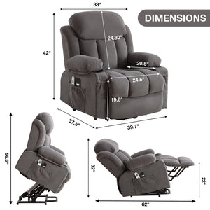 English Elm Power Lift Recliner Chair with Heat & 4-Point Massage, USB Port, Cup Holders, Remote for Living Room Grey W1521P303241