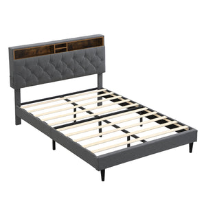 English Elm Queen-Size Upholstered Platform Bed Frame with Button-Tufted Linen Headboard, Built-In USB Hub and Storage Dark Gray W311P285482