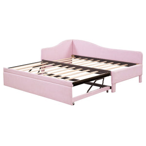 English Elm Twin L-shaped Linen Upholstered Daybed with Hydraulic Pop-up Trundle for Guest Rooms Pink SF000193AAH-1