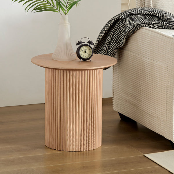English Elm 17.71 Mid Century Tambour Round Fluted Side Table, Oak MDF Accent Table for Living Room & Bedroom W876P198964