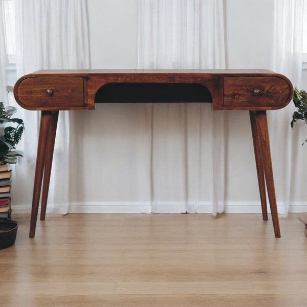 English Elm Solid Solid Wood Chestnut London Arch Writing Desk with 2 Drawers, Nordic Legs, Rounded Edge Comfortably B182P249268