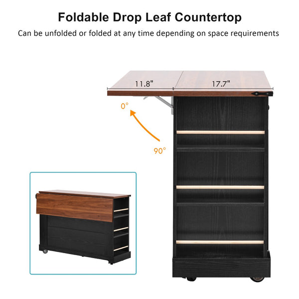 English Elm K&k Farmhouse Rolling Kitchen Island with Drop Leaf Tempered Glass Drawers and Power Outlet Black N707S263637B