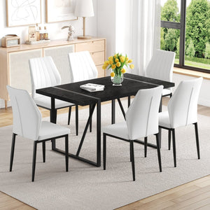 English Elm Table and Chair Set Round 42 Inch Wood Grain Dining with Tempered Glass and 6 Seats W1151S04367