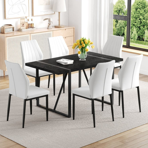 English Elm Table and Chair Set Round 42 Inch Wood Grain Dining with Tempered Glass and 6 Seats W1151S04367