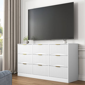 English Elm Black Nine Drawer Wide Dresser Matte Wood Chest with Wavy Relief Panels Bedroom Storage White W409P307539