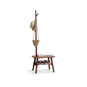 English Elm (Walnut Color) Natural Solid Wood Shoe Stool with Coat Rack Bench, 100% Oak Storage Seat, Mid-Century Modern Organizer for Entryway and Living Spaces W1283P298169