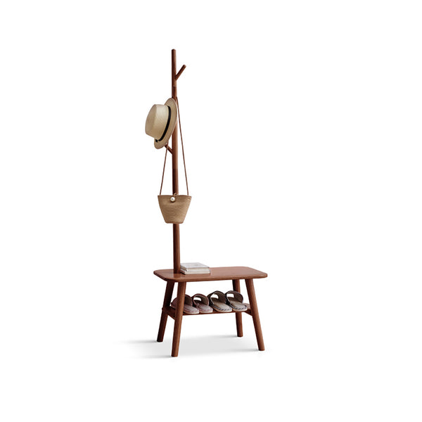 English Elm (Walnut Color) Natural Solid Wood Shoe Stool with Coat Rack Bench, 100% Oak Storage Seat, Mid-Century Modern Organizer for Entryway and Living Spaces W1283P298169