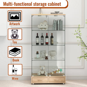 English Elm Modern Glass Display Cabinet With Led Lighting, 2 Drawers & 4 Shelves For Stylish Storage Solutions W241S00060