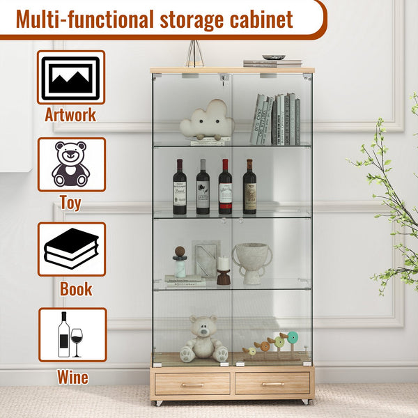 English Elm Modern Glass Display Cabinet With Led Lighting, 2 Drawers & 4 Shelves For Stylish Storage Solutions W241S00060
