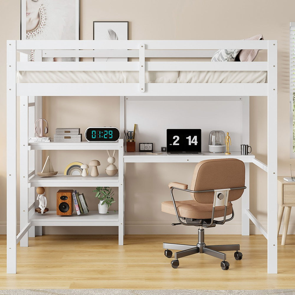 English Elm Twin Loft Bed with Built-in Desk Shelving and Dry-erase Board for Kids Rooms White LT100320AAK