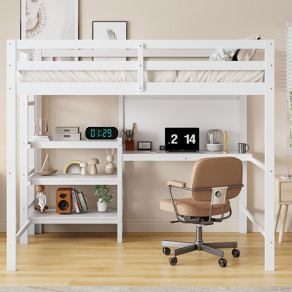 English Elm Twin Loft Bed with Built-in Desk Shelving and Dry-erase Board for Kids Rooms White LT100320AAK