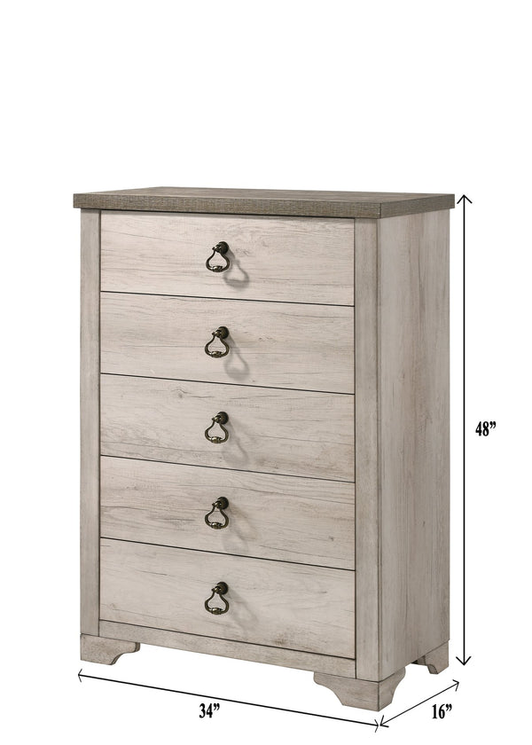 English Elm 1pc Coastal Cottage 5-Drawer Chest with Weathered Brown Top, Ring Pull Hardware, Romantic Antique Appeal Distressed Brown,Driftwood 36.81 L x 18.74 W x 48.86 H B2741P353778