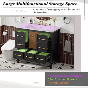 English Elm 36'' Bathroom Vanity with Resin Sink, Solid Wood Frame, 5 Drawers, Soft-Close Doors, Gold Knobs, Spacious Storage Black SW000142AAB-1