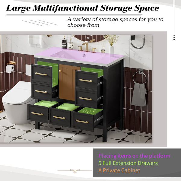 English Elm 36'' Bathroom Vanity with Resin Sink, Solid Wood Frame, 5 Drawers, Soft-Close Doors, Gold Knobs, Spacious Storage Black SW000142AAB-1