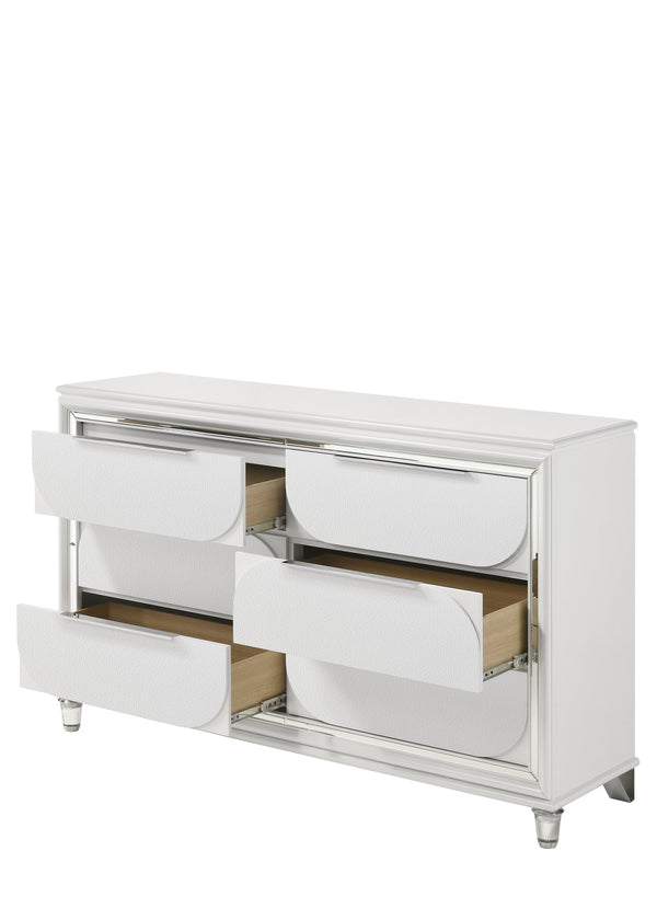 English Elm Tarian Pearl Dresser with Acrylic Crystal Legs and Embossed Fronts, Six Drawers plus Jewelry Trays White 51 L x 20 W x 41 H B2726P269294