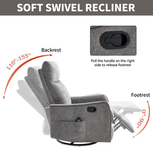 English Elm Blue Fabric Swivel Rocker Recliner with Massage Heat Nodes for Living Room Comfort Dark Gray W1803P321841