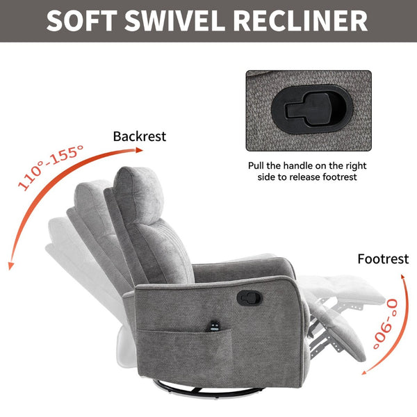 English Elm Blue Fabric Swivel Rocker Recliner with Massage Heat Nodes for Living Room Comfort Dark Gray W1803P321841