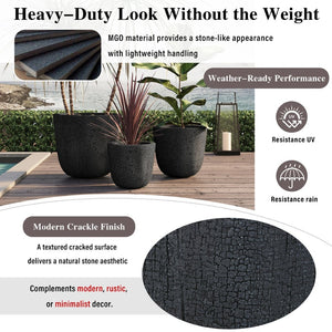 English Elm U_style Mgo Round Planters Set of Three Crackle Stone Texture Patio Garden Pots Black N711P406660B