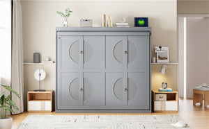 English Elm Full Size Murphy Wall Bed with Rattan Panel Cabinet for Studio and Guest Rooms Gray N708S00011E-2