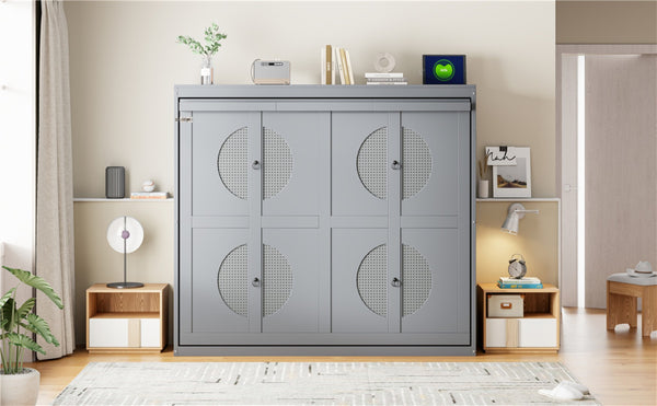 English Elm Full Size Murphy Wall Bed with Rattan Panel Cabinet for Studio and Guest Rooms Gray N708S00011E-2