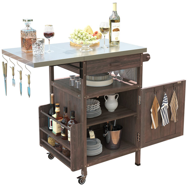 English Elm K&K 40.5" Outdoor Grill Cart with 201 Stainless Top, Solid Fir Storage, Drop Leaf & Lockable Wheels Brown N707P228272Z