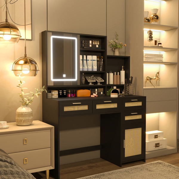 English Elm Makeup Vanity with Lights, Openable Mirror & Ample Storage Shelves, 4 Drawers and Cabinet Elegance Black W2227P160482