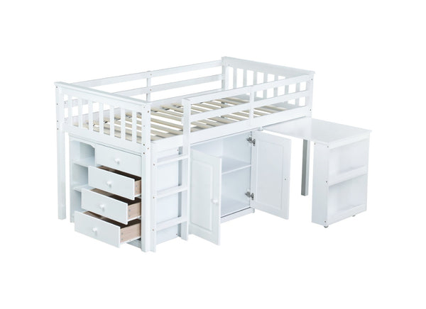 English Elm Twin Loft Bed Rubberwood Frame Pull Out Desk Storage Cabinet and Shelf Kids Room White W504S00288