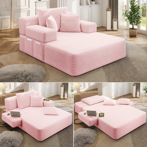 English Elm Luxurious Corduroy Frameless Chaise with Sleeper Conversion Foam Cushioning and Storage Pocket Baby Pink W3219P459763