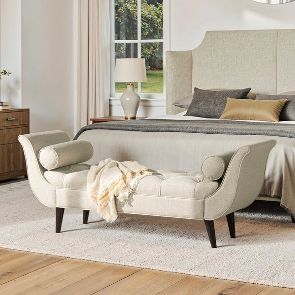 English Elm Jennifer Taylor Home - Alma Tufted Flared Arm Entryway Bench Taupe Polyester with Bolster Pillows, 64.5" Length, Espresso Legs B2719P364405