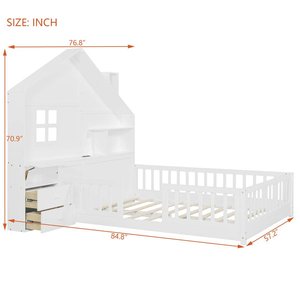 English Elm Full Size House Bed White Wood Frame with Drawers Shelves and Built in Usb Charging LT000423AAK-2