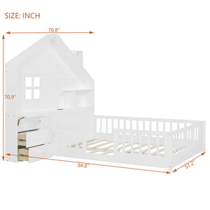 English Elm Full Size House Bed White Wood Frame with Drawers Shelves and Built in Usb Charging LT000423AAK-1