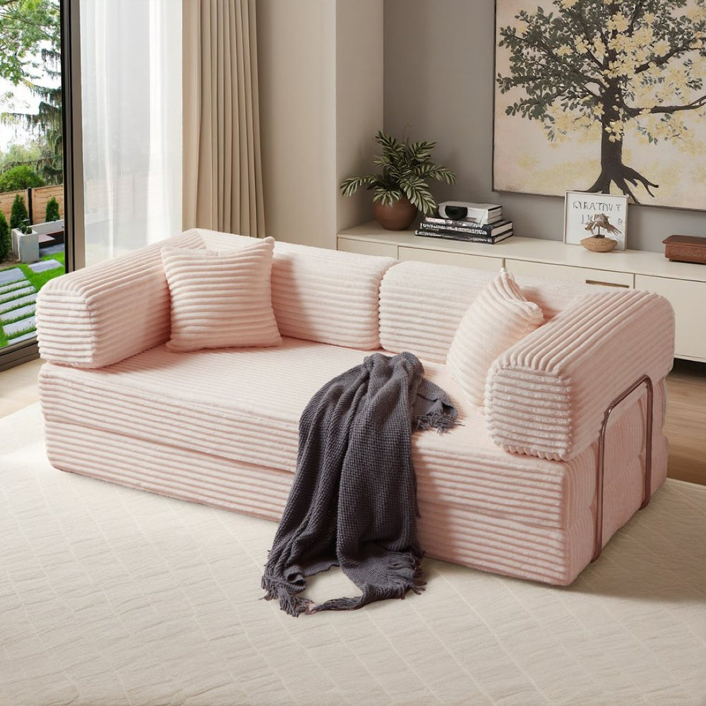 English Elm Compression Foldable Floor Sofa Bed Corduroy Futon with Foam Support for Small Spaces Pink W3716P379194