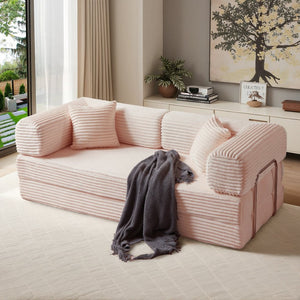 English Elm Compression Foldable Floor Sofa Bed Corduroy Futon with Foam Support for Small Spaces Pink W3716P379194