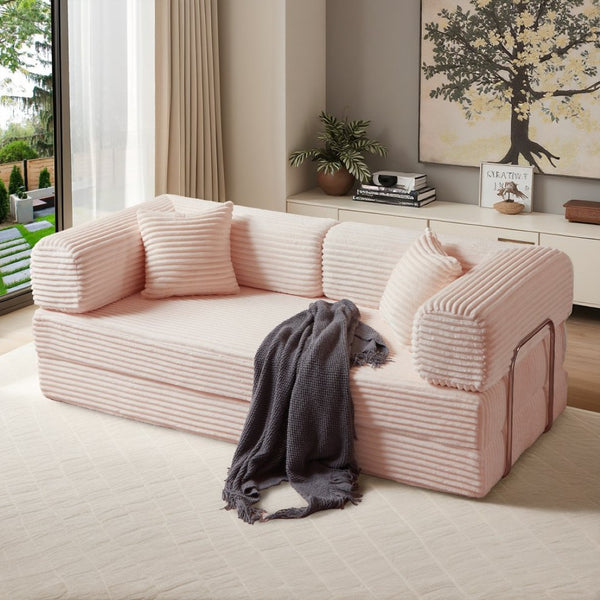 English Elm Compression Foldable Floor Sofa Bed Corduroy Futon with Foam Support for Small Spaces Pink W3716P379194