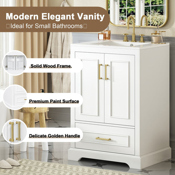 English Elm 24"Bathroom Modern Vanity with Ceramic Sink, Solid Wood Frame, Soft-Close Doors & Smart Storage System White N729P321378K
