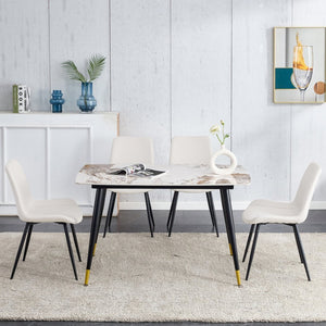 English Elm Table And Chair Set - Elegant 4-Seater Sintered Stone Dining Table With White Pu Chairs For Comfort W1151S04206-GIGA