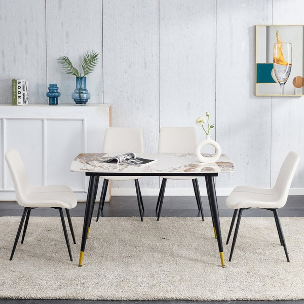 English Elm Table And Chair Set - Elegant 4-Seater Sintered Stone Dining Table With White Pu Chairs For Comfort W1151S04206-GIGA