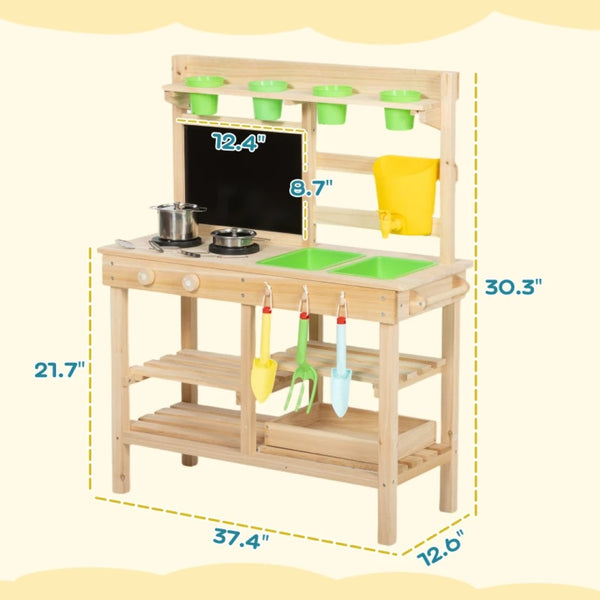 English Elm Wooden Fir Outdoor Play Kitchen for Kids with Dual Sinks Blackboard and 15 Accessories T3971P480683