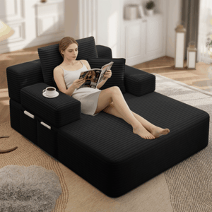 English Elm Luxurious Corduroy Convertible Chaise Lounge Sofa Bed with Foam Support for Apartments Black W3219P449015