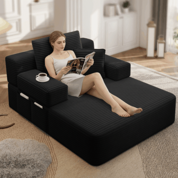 English Elm Luxurious Corduroy Convertible Chaise Lounge Sofa Bed with Foam Support for Apartments Black W3219P449015