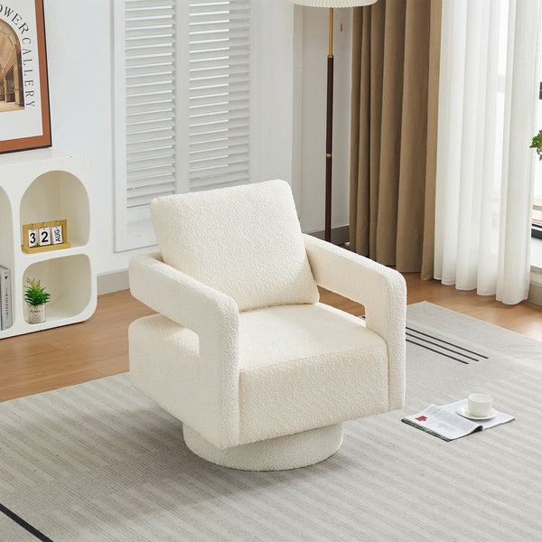 English Elm 29.13" Swivel Accent Chair — Modern Bouclé Rotating Lounge Seat with Removable Cushion & Solid Wood Frame Beige W3188P280195