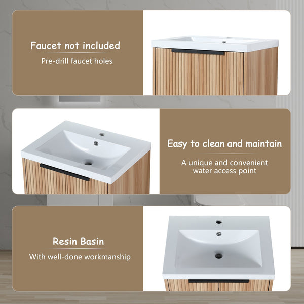 English Elm 24 Inch Freestanding Bathroom Vanity with Resin Basin, Soft-Close Doors, Open Shelf Storage, Modern Design W999P181590